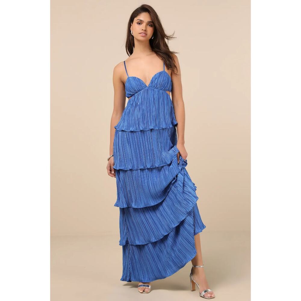 NWOT Lulus Kanya Blue Satin Plisse Tiered Maxi Dress Gala Party Wedding Size S